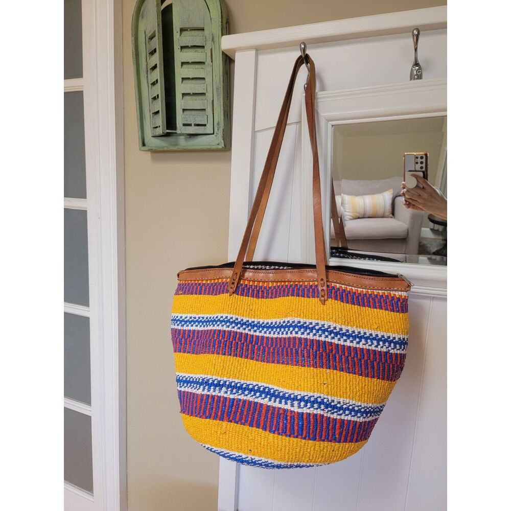 African Kiondo Market Bag Handwoven Tote Yellow Blue Striped Leather Large